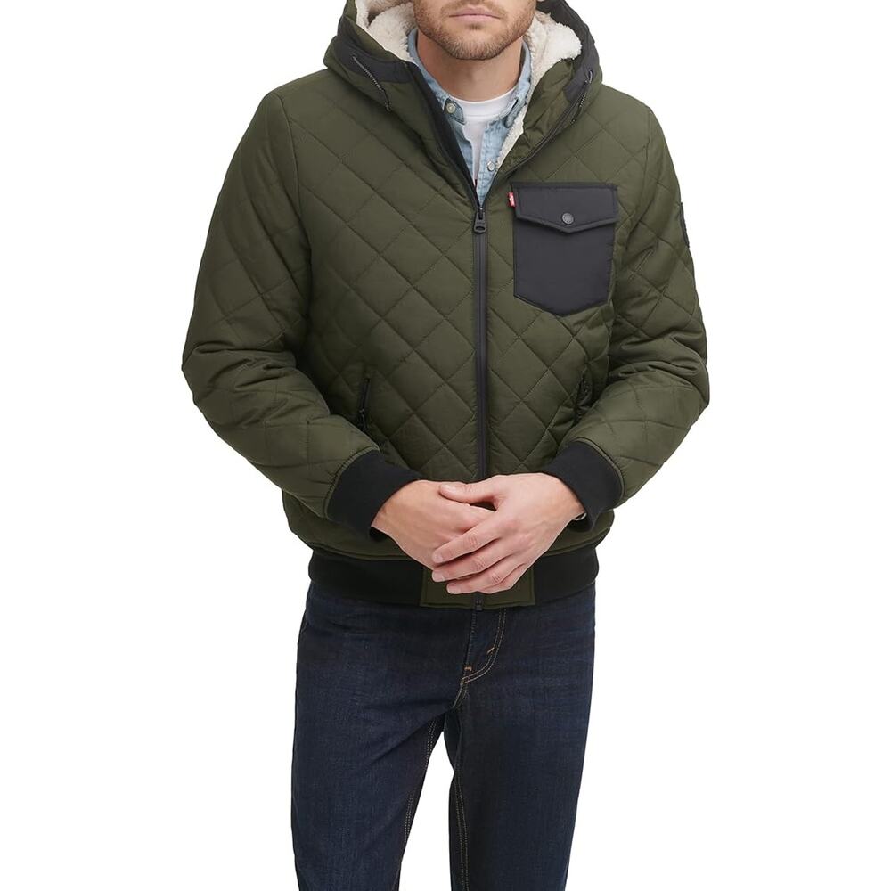 Levi's Diamond Quilted Sherpa Lined Bomber Jacket Green-Medium